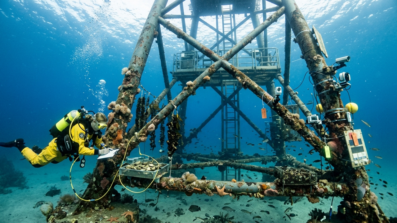 A floating wind turbine off Spain became an underwater farm for four species