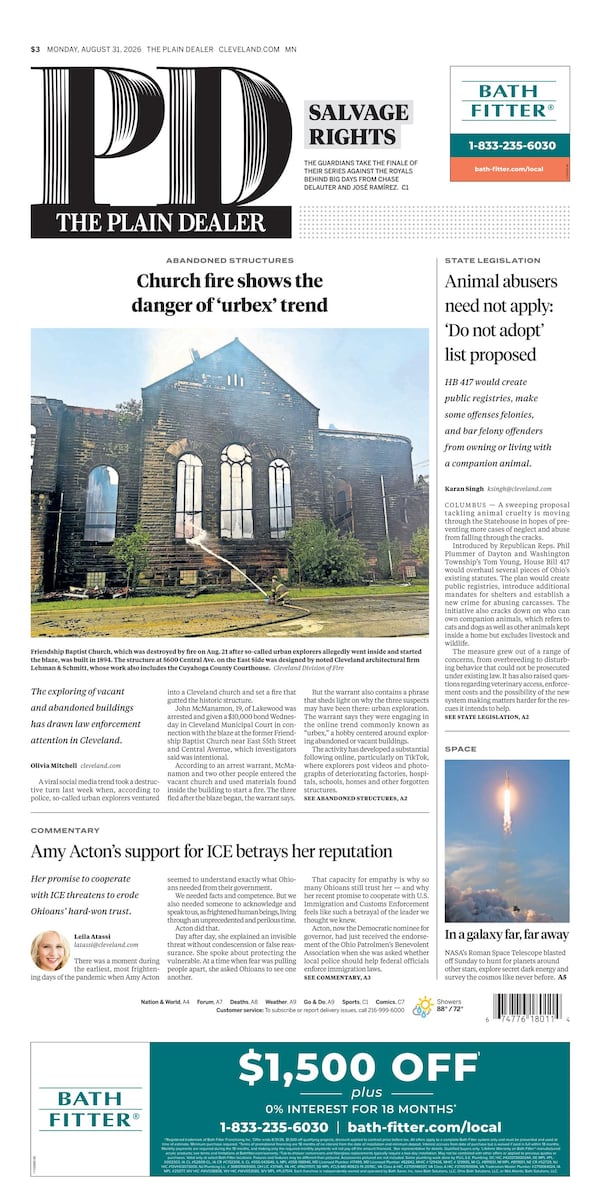 The Plain Dealer’s front page for August 31, 2026