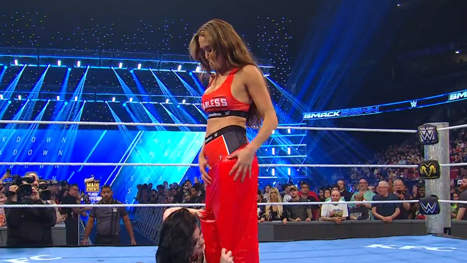 WWE icon Nikki Bella suffers ‘wardrobe malfunction’ live on SmackDown as Paige pulls down pants – and fans convinced why
