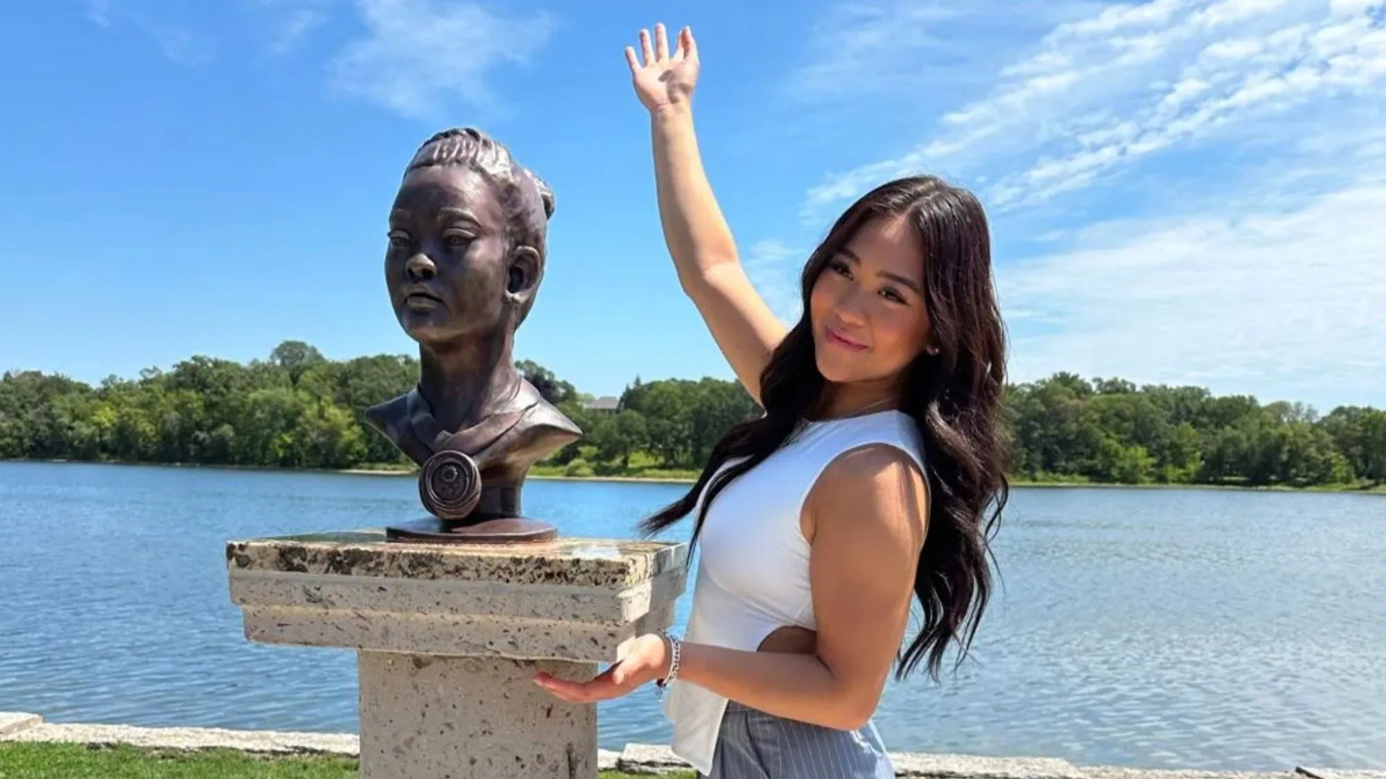 Stolen statue of Olympic hero Suni Lee found hidden in closet after missing for year as mom and son face felony charges