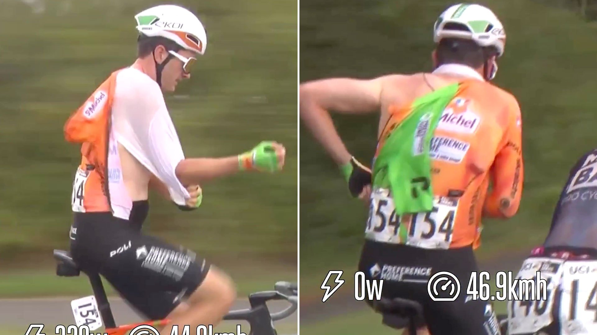 Staggering moment cycling star undresses at nearly 30mph as fans joke ‘don’t try this at home’