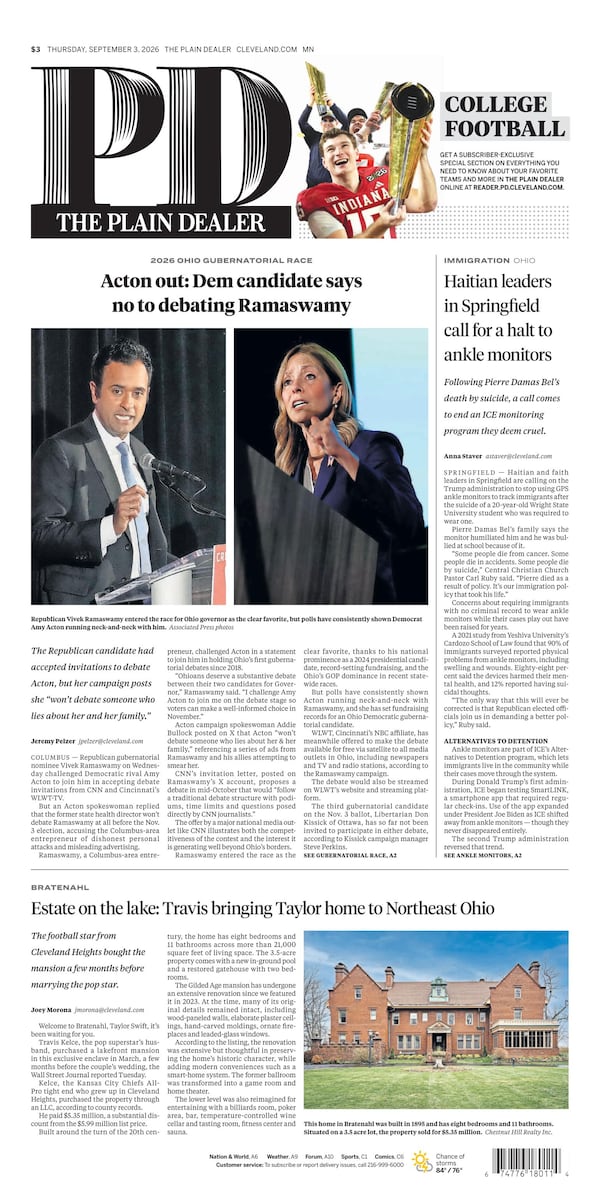 The Plain Dealer’s front page for September 3, 2026