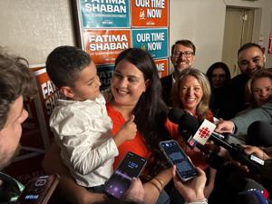 Fatima Shaban speaks to reporters with NDP leader Marit Stiles after her win
