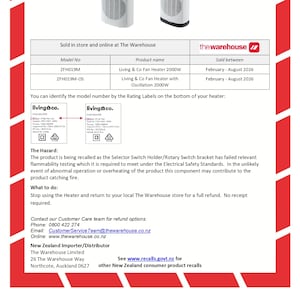 The Warehouse recalls Living & Co fan heaters over risk of ‘catching fire’