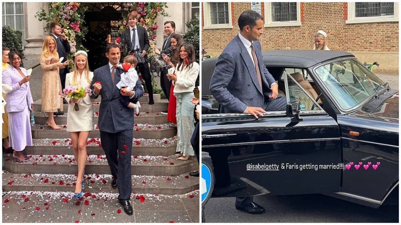 Isabel Getty marries Faris McKinnon; couple leave in vintage Rolls-Royce