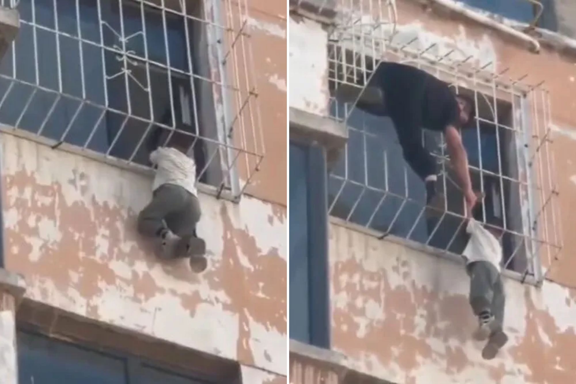 Heart-stopping moment boy, 5, dangles precariously from sixth-floor window after getting head trapped in bars