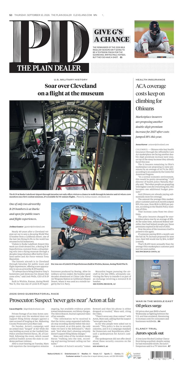 The Plain Dealer’s front page for September 10, 2026