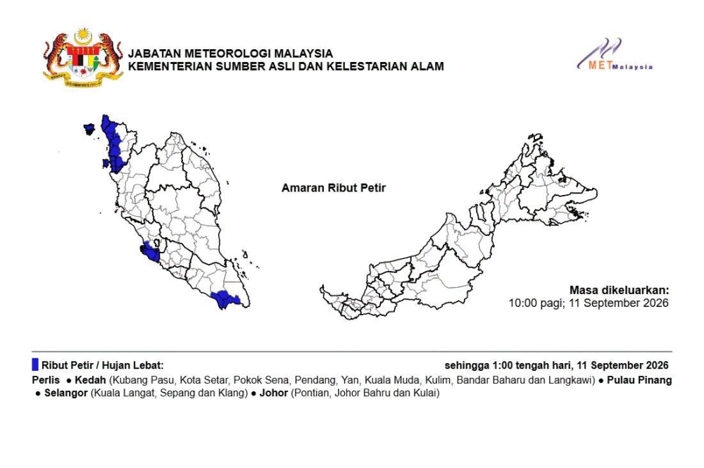 MetMalaysia cautions of severe weather in Perlis, Kedah, Penang, Selangor and Johor