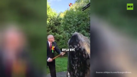 Polish MEP takes axe to Ukrainian Nazi-linked memorial (VIDEO)