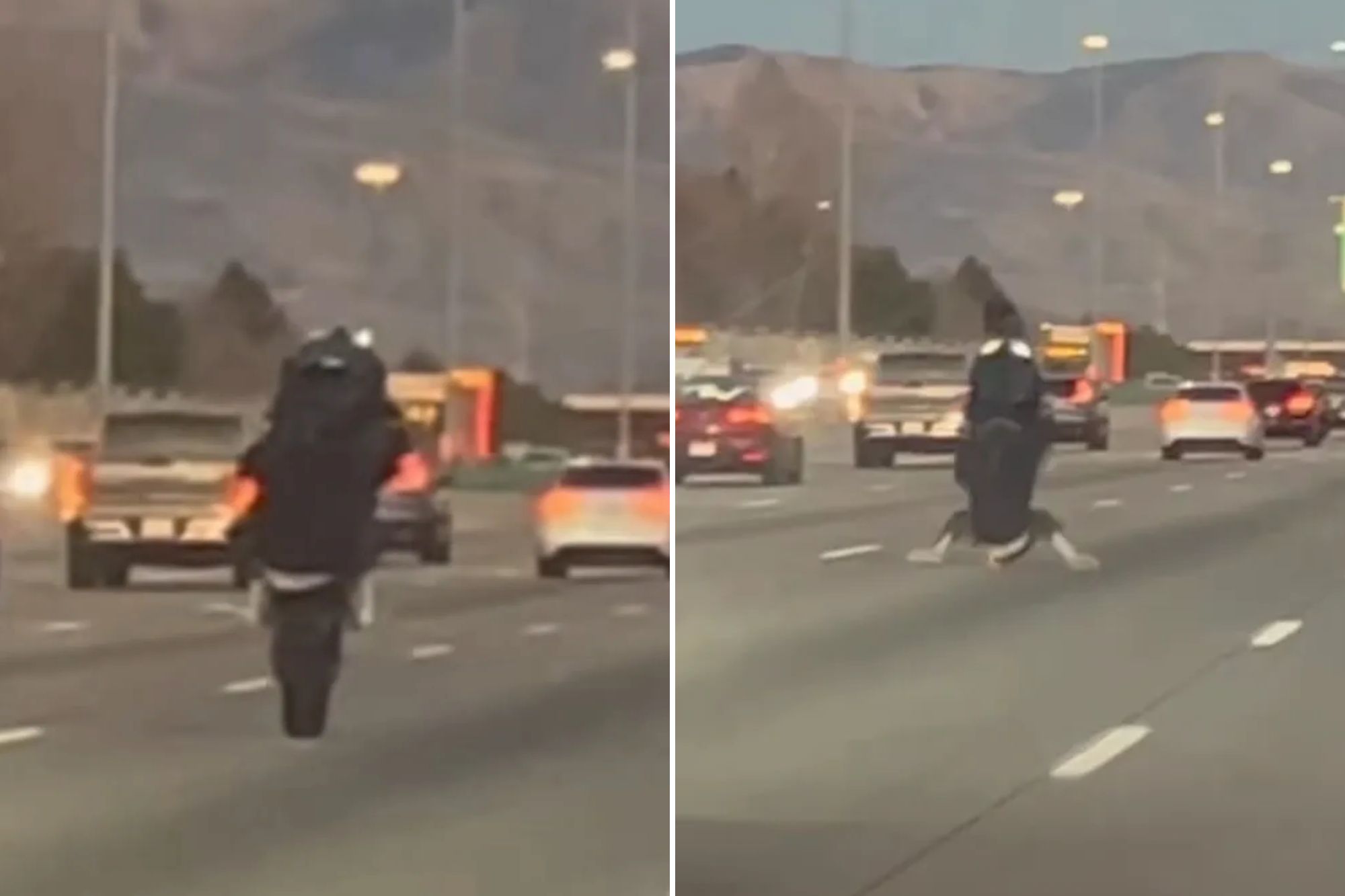 Instant karma for motorcyclist showing off on busy highway