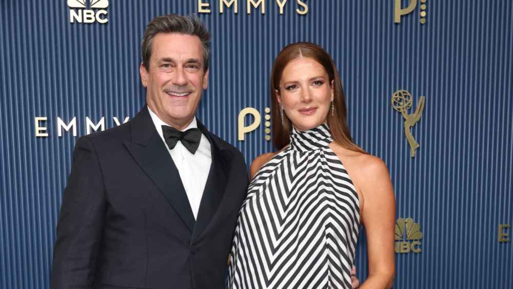 Jon Hamm's Wife Anna Shows Off Baby Bump In Chevron Dress at 2026 Emmys