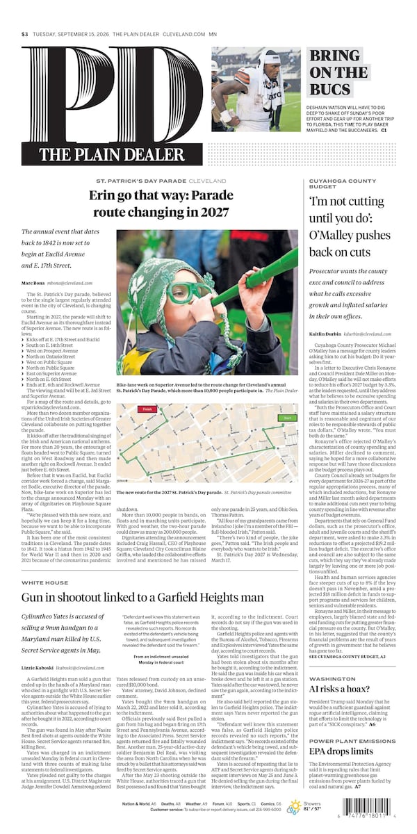 The Plain Dealer’s front page for September 15, 2026