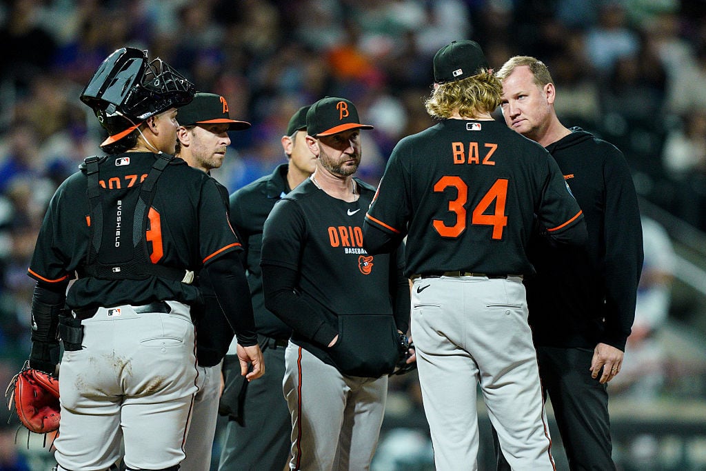 Orioles starter Shane Baz exits after taking line drive off arm