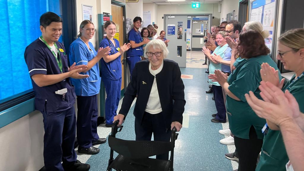 Hospital staff cheer for 97-year-old wing walker