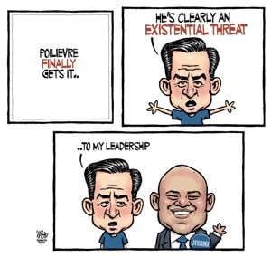 In Theo Moudakis' latest cartoon, Pierre Poilievre finally sees who poses the real existential threat