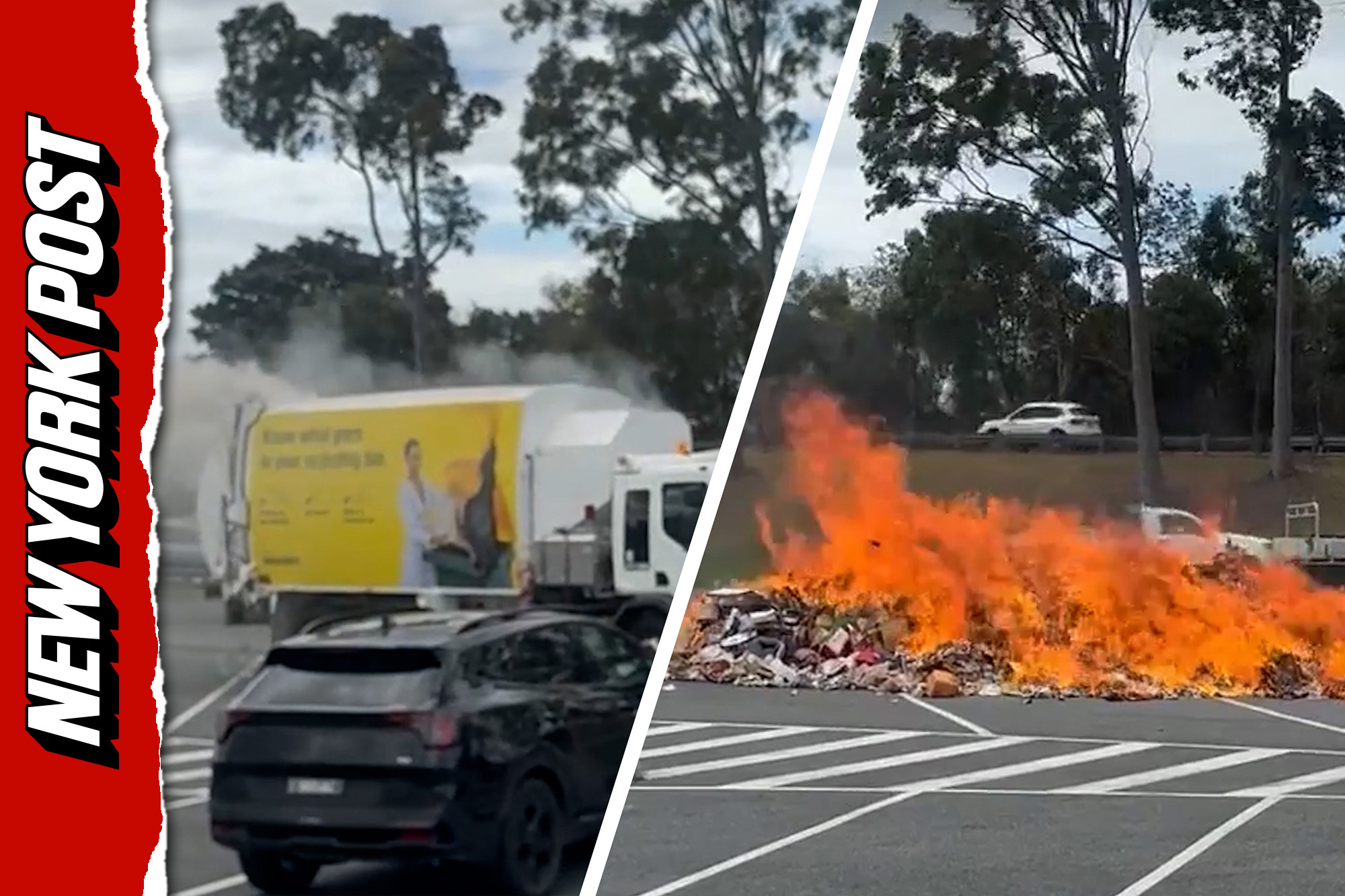 Flames erupt from garbage truck triggering emergency load dump
