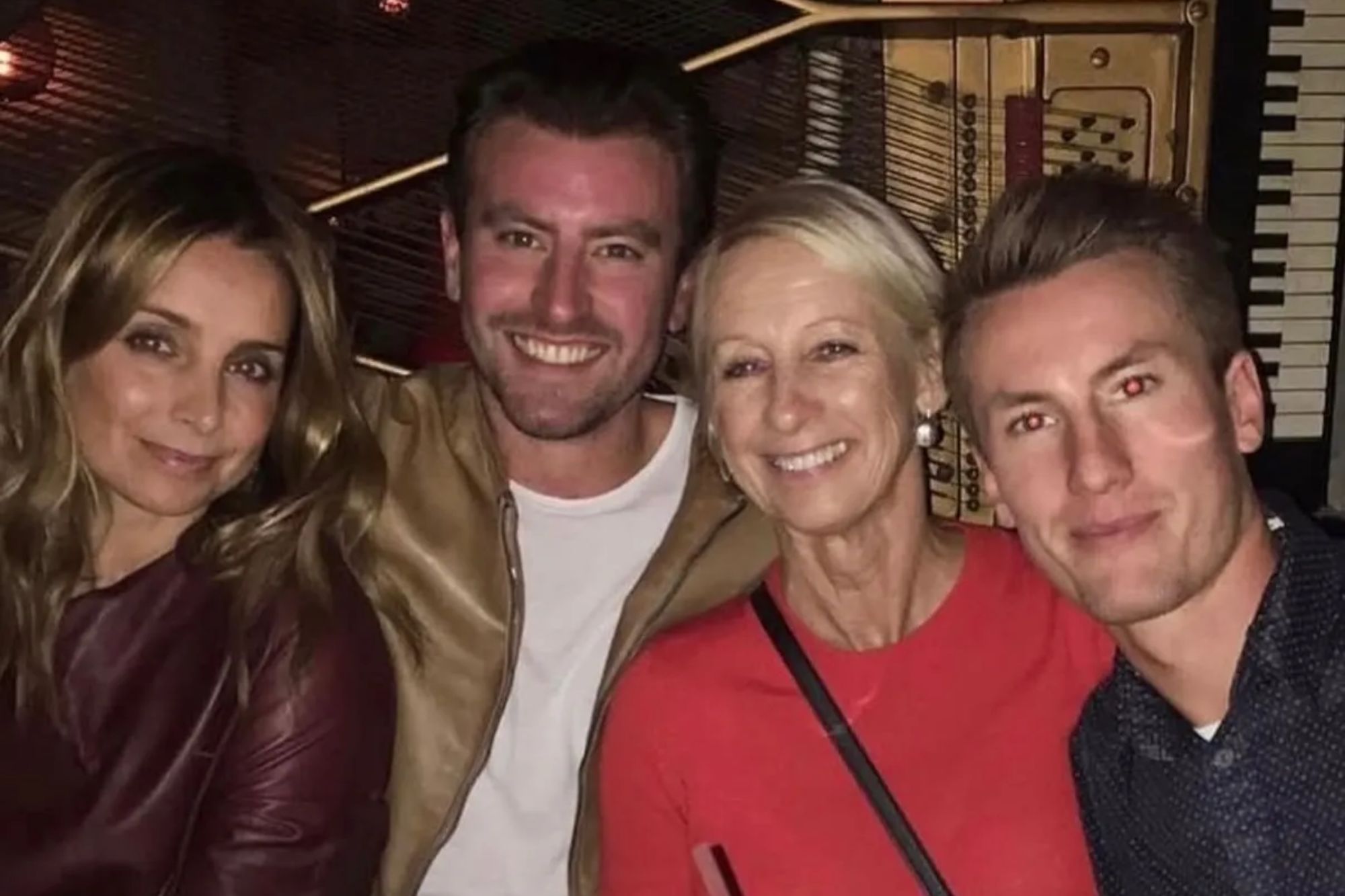 Louise Redknapp’s two sons, Charley, 22, and Beau, 17, tower over her as they celebrate popstar’s mum’s birthday