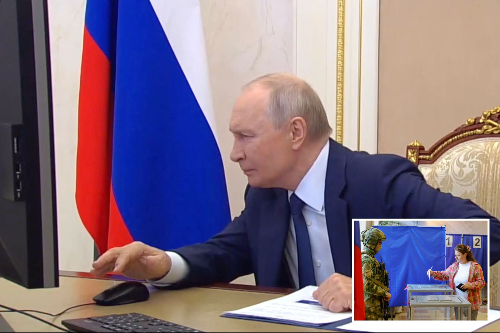 Embarrassing moment Putin struggles to vote in his own sham election as ageing tyrant squints at computer