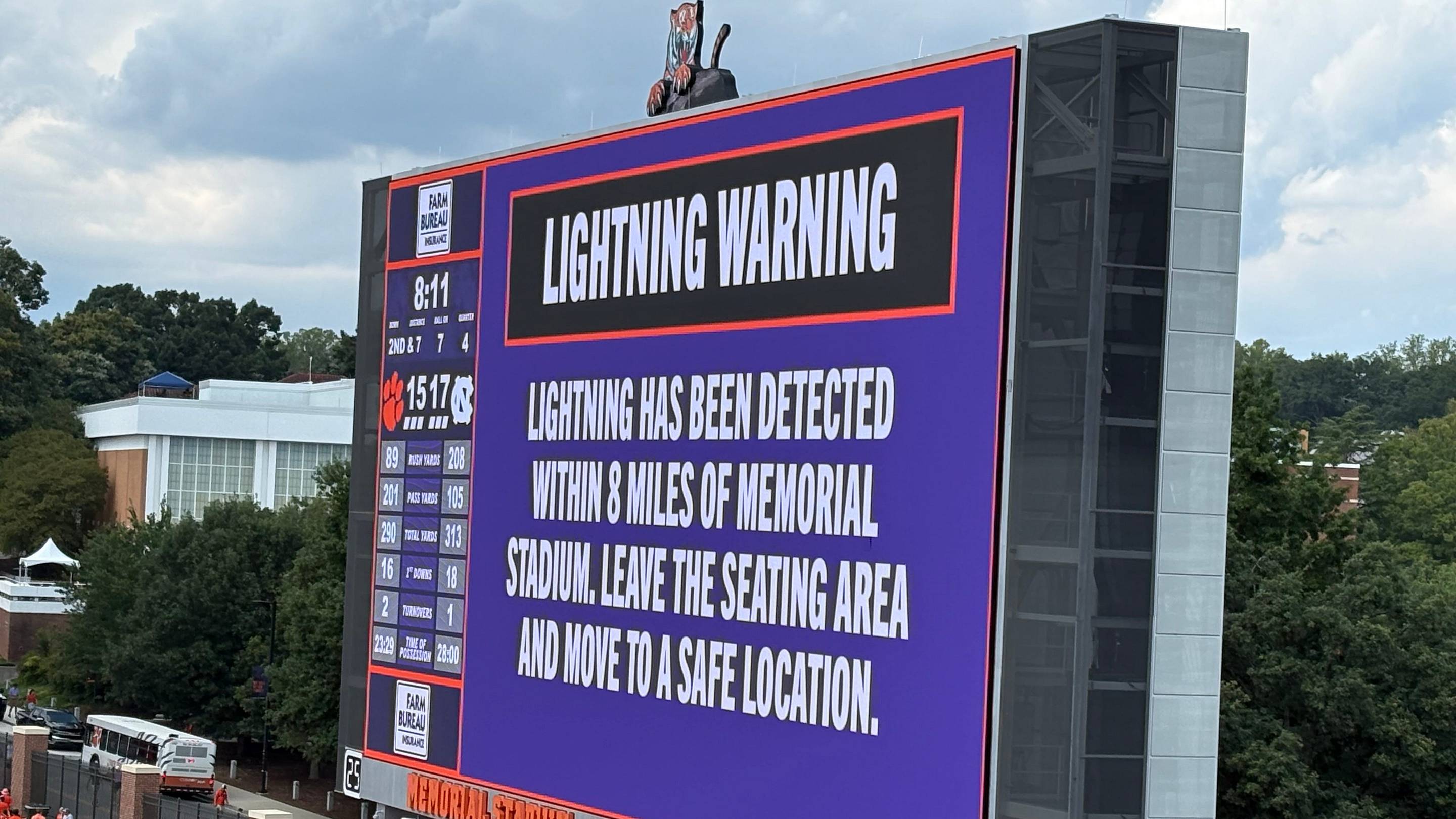 Clemson, North Carolina Contest Halted in Fourth Quarter Due to Lightning Delay