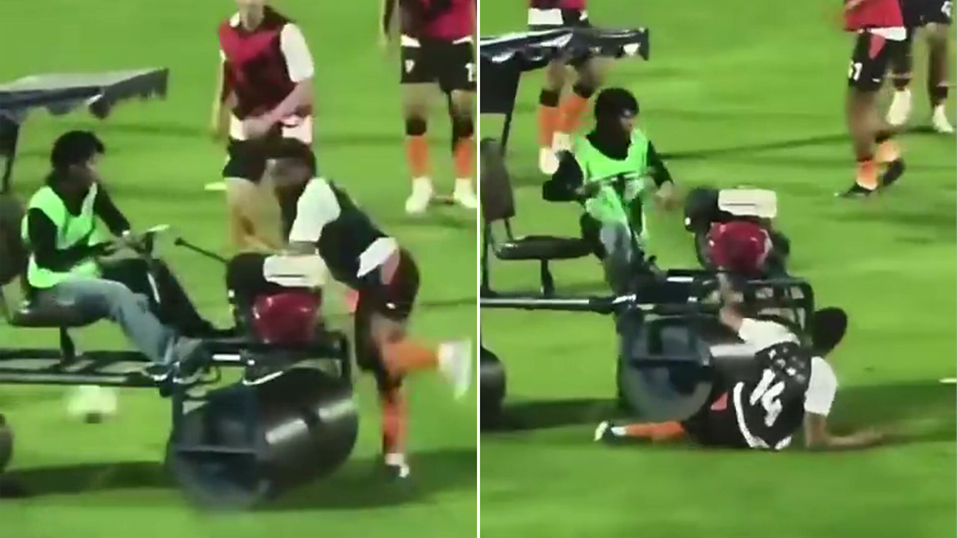 Shocking moment England star Andros Townsend, 35, is run over by roller while warming up for footie clash