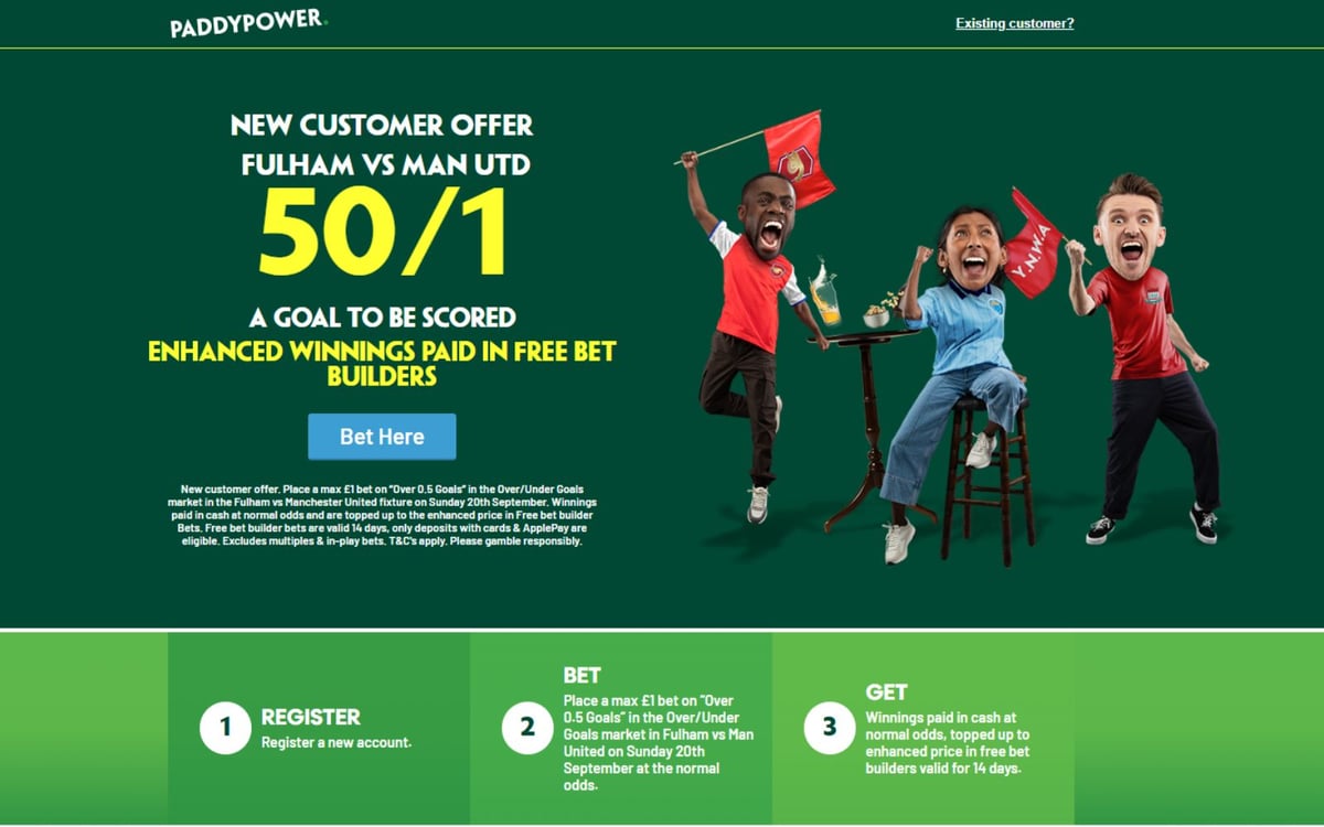 Paddy Power free bet offer: Get 50/1 on a goal to be scored in Fulham vs Manchester United
