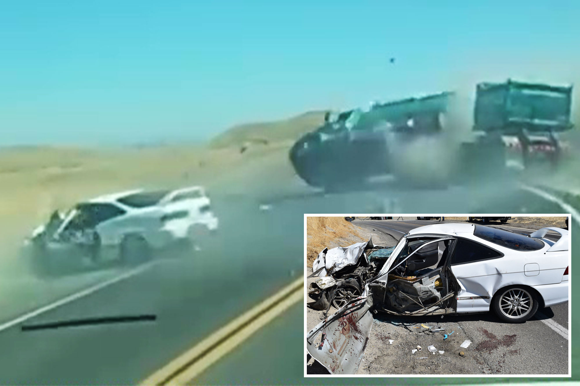 Horrific moment sports car crosses California highway and flips massive truck and trailer