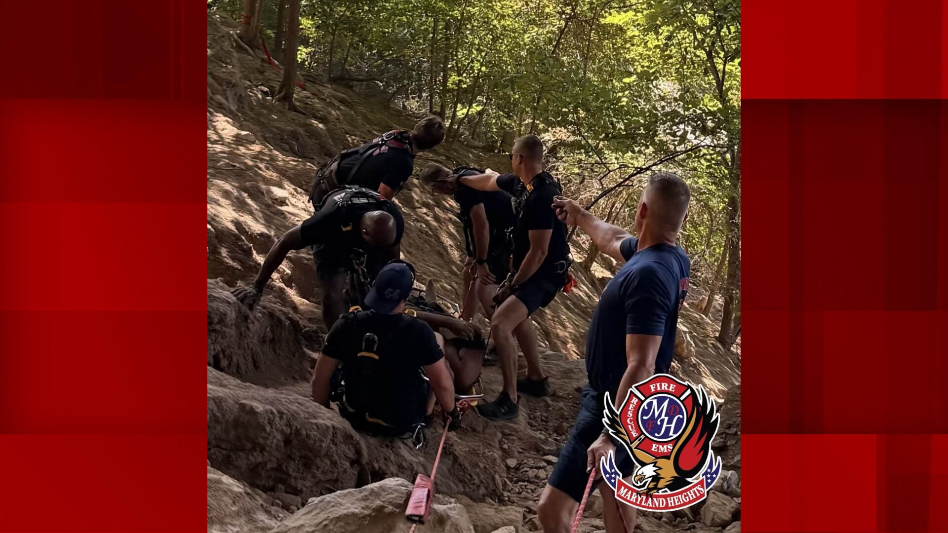 Firefighters use rope system to rescue injured man from 200-foot hillside at Creve Coeur Park
