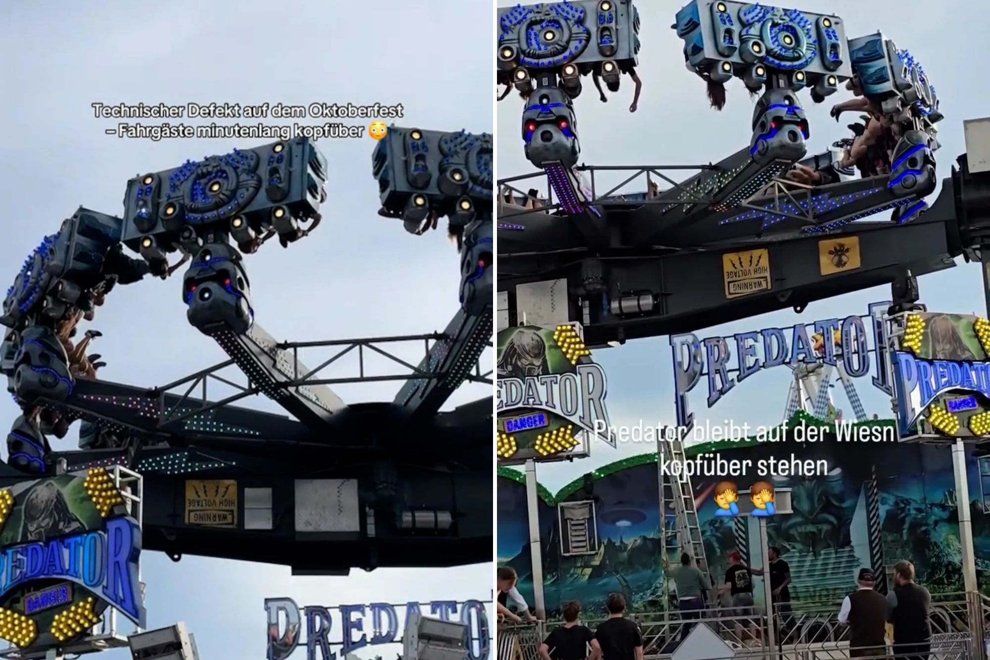 Shocking moment fairground riders are left dangling upside down 50ft in air after ride suddenly stops at Oktoberfest