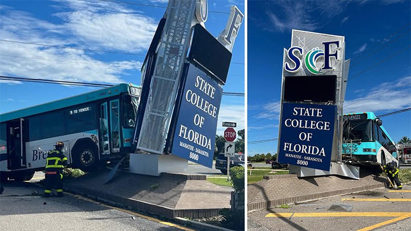7 hurt after bus crashes into State College of Florida monument sign: Sarasota deputies