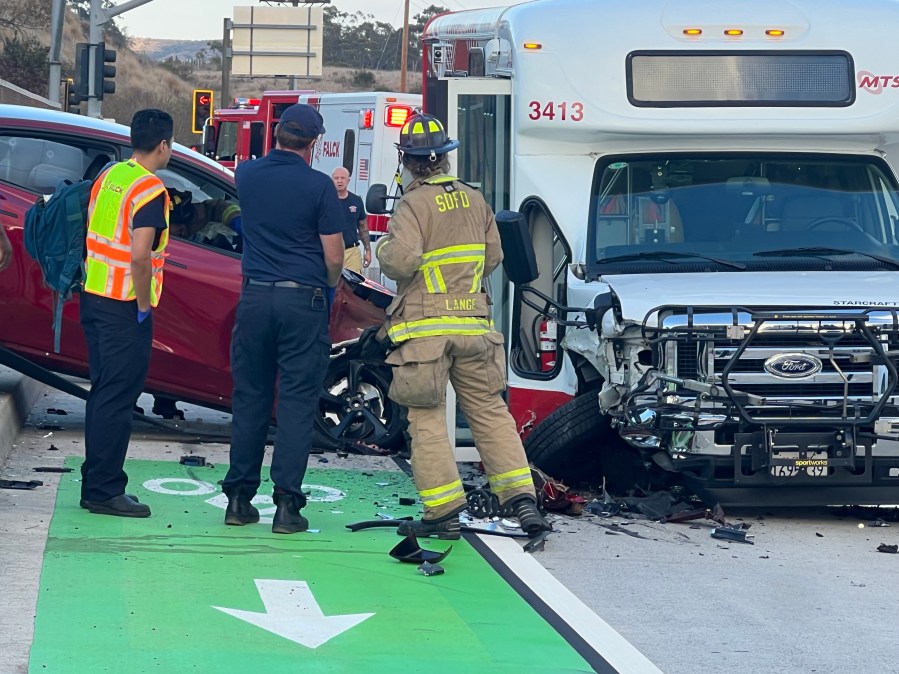 Person taken to hospital after crash involving car and MTS bus in Kearny Mesa