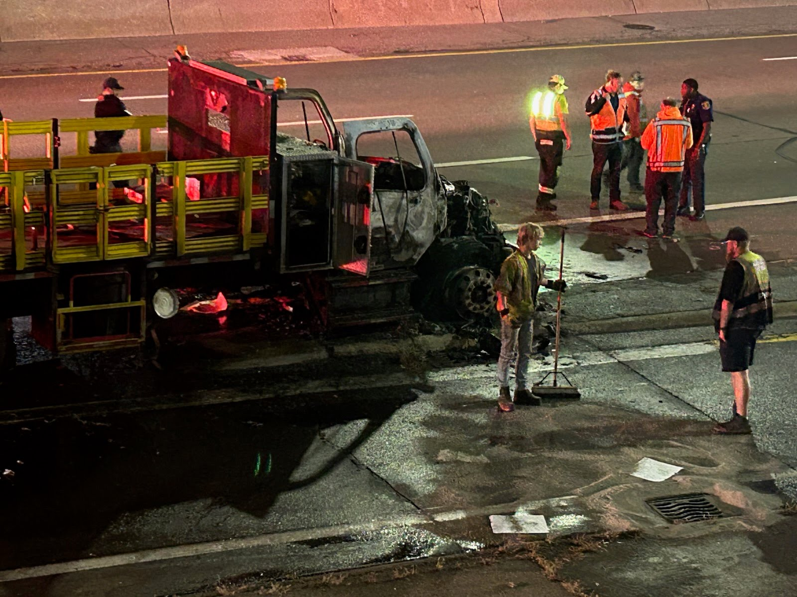 Hazmat crews at scene of I-96 truck and street sweeper crash, fuel spill in Detroit