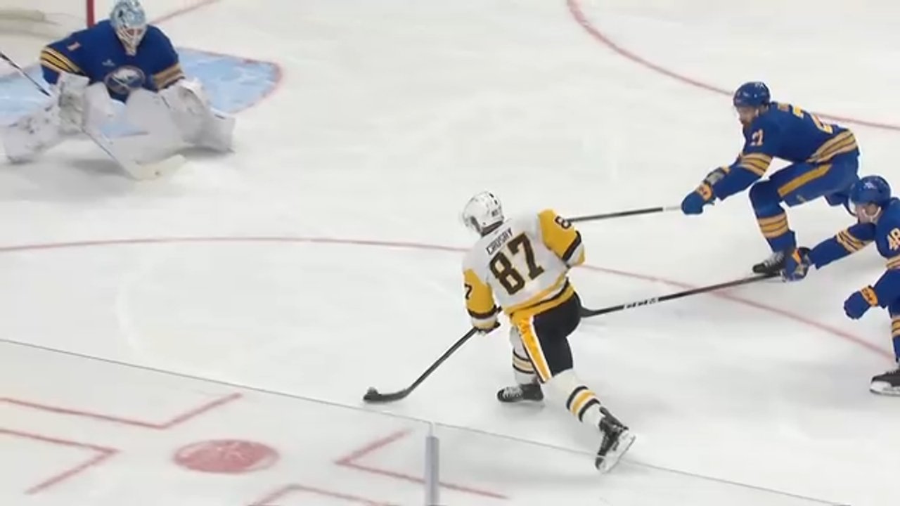 Penguins’ Crosby wires home slap shot bar down past Sabres’ Luukkonen