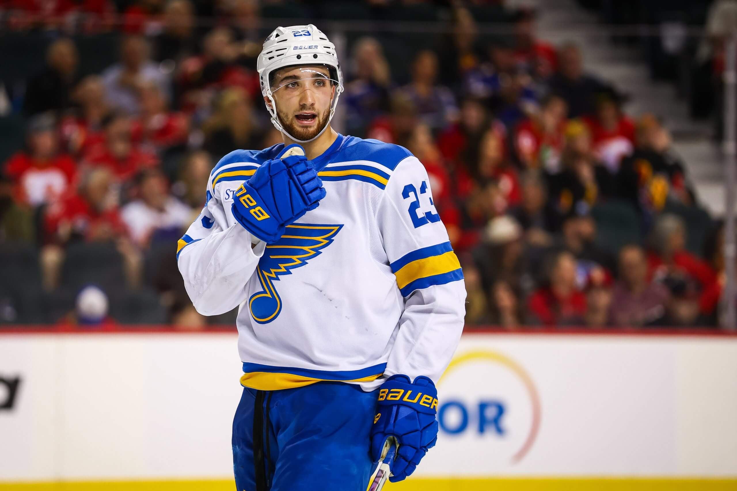 Blues defenseman Logan Mailloux out at least 8 weeks after fight with Blackhawks' Cole Smith