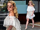 Florence Pugh turns heads in a lace-trim Chloé mini-dress and micro shades as she steps out in New York