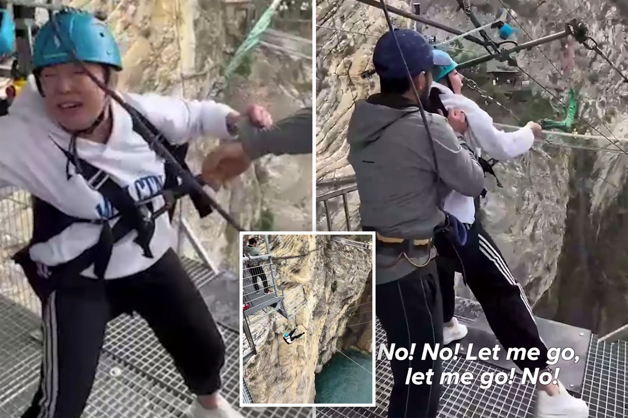 Shocking moment staffers kick terrified woman’s legs away to make her take 260-foot thrill jump