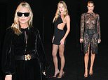 Kate Moss looks glamorous in a black velvet maxi dress as she joins daughter Lila and Rosie Huntington-Whiteley for the Saint Laurent show during Paris Fashion Week