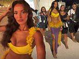 Maya Jama shows off her toned figure in a very sexy yellow bra and a feathered skirt as she hosts Love Island Aftersun ahead of the final