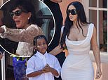 Kim Kardashian slips into glamorous white gown as she joins mom Kris and family at late grandmother's celebration of life... before heading back to LA on private jet