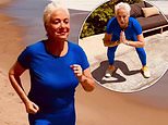 Denise Welch, 68, reveals how she keeps in shape as she works out on Malibu beach in blue lycra outfit and wishes son's new wife Gabbriette a happy birthday