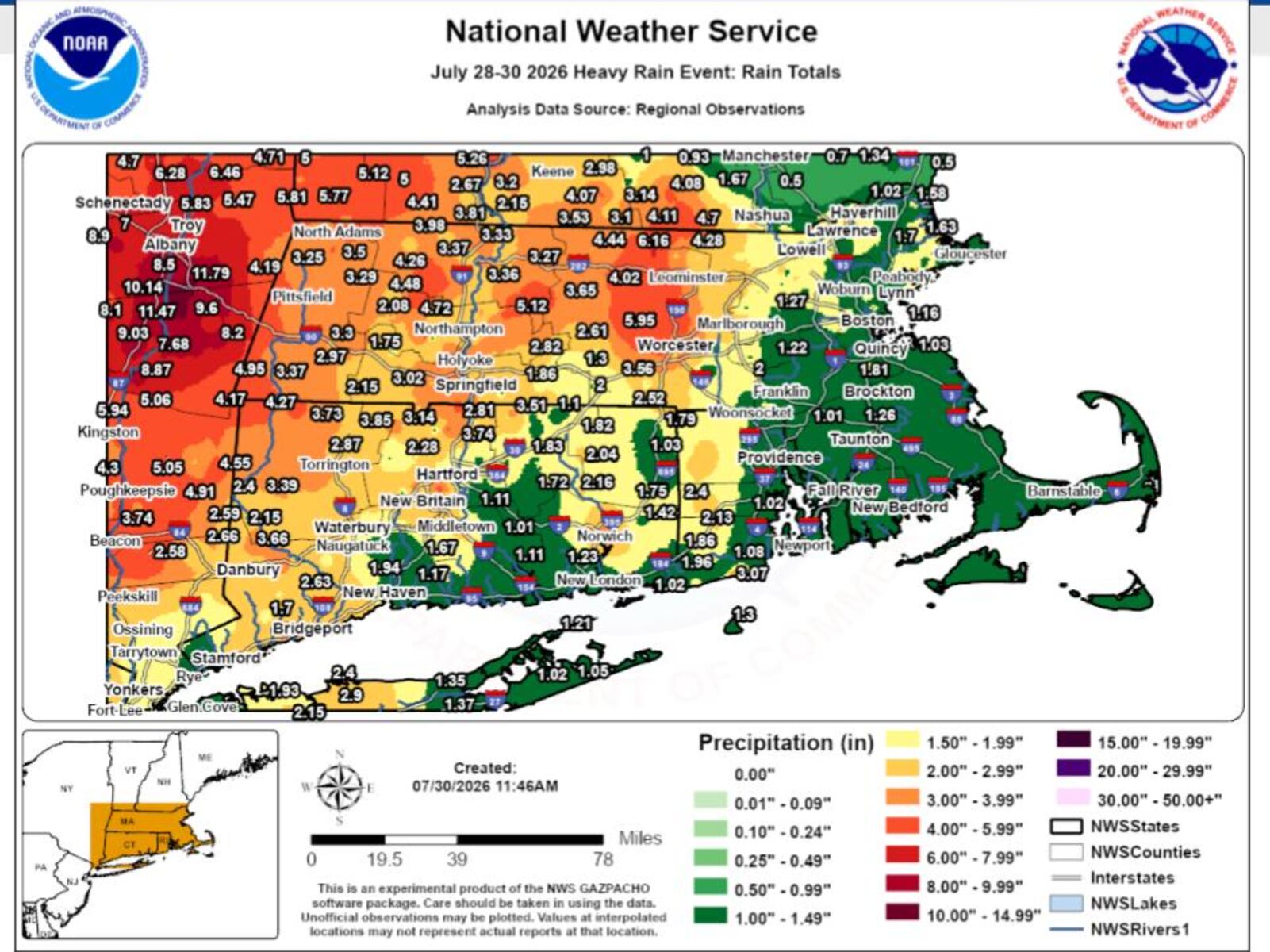 How much rain fell in across Massachusetts this week?