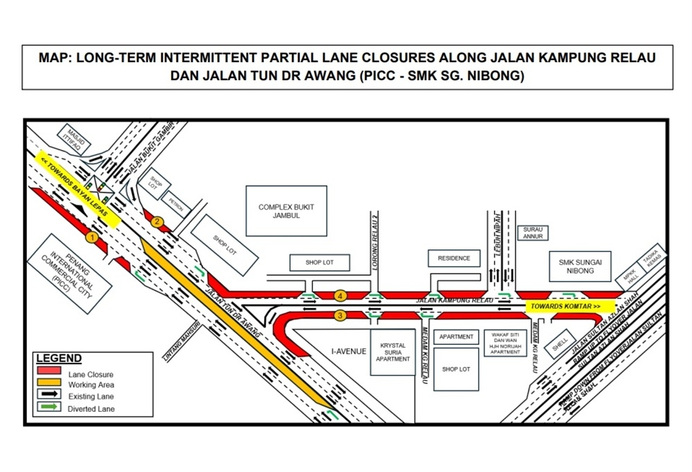 Partial lane closures in Penang for LRT works on Jalan Kampung Relau, Tun Dr Awang from Aug 1