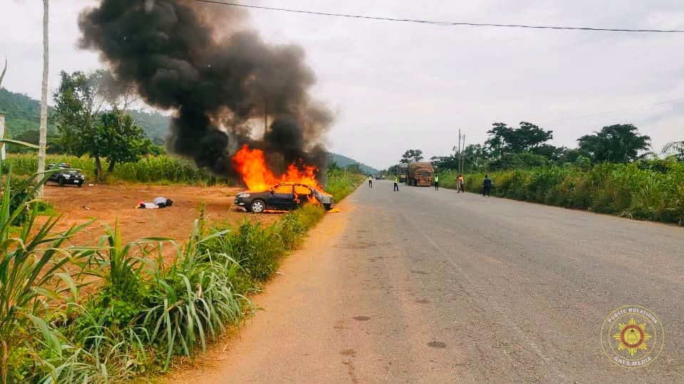 Fire destroys Toyota Corolla on Peki-Asikuma road
