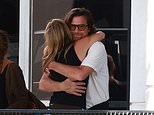 Jennifer Aniston gives her co-star best pals Courteney Cox and Jason Bateman warm hugs as they exit private jet after Spanish vacation