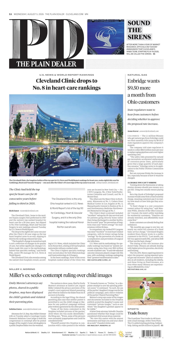 The Plain Dealer’s front page for August 5, 2026