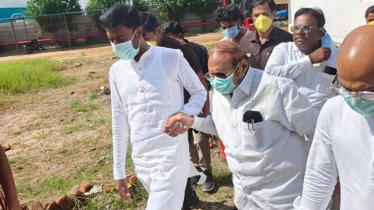 MLA Sharanagowda Kandkur escorts rival Baburao Chinchansur during visit to Kadechur Badiyal Industrial Area in Yadgir