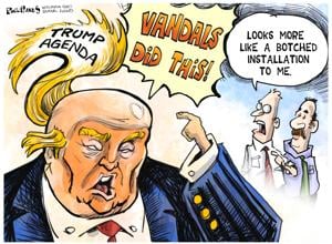 Donald Trump's fly away hair wasn't caused by vandals in Phil Hands' cartoon