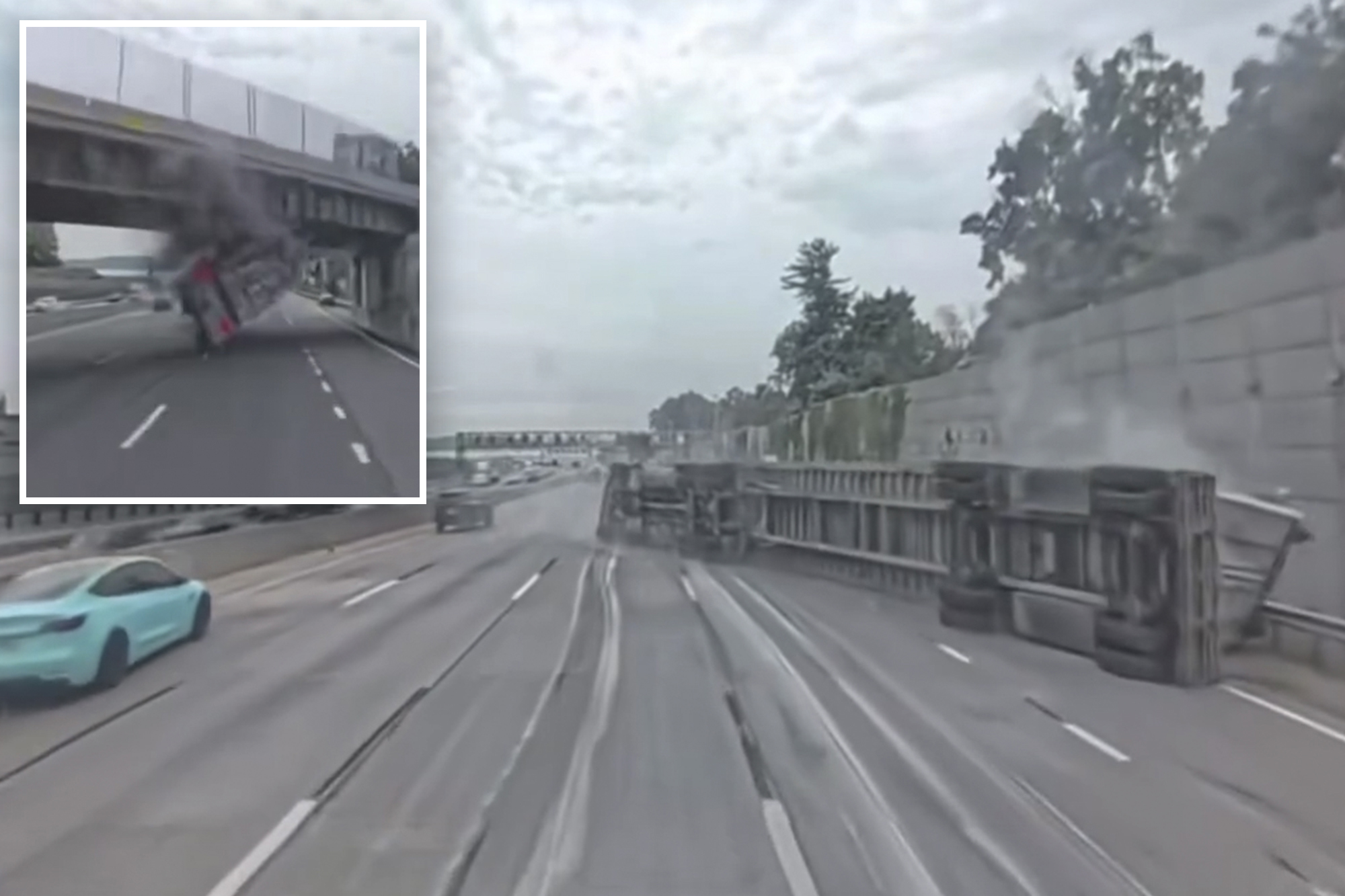 Terrifying footage shows tractor trailer slam into New York overpass, tip over on busy highway