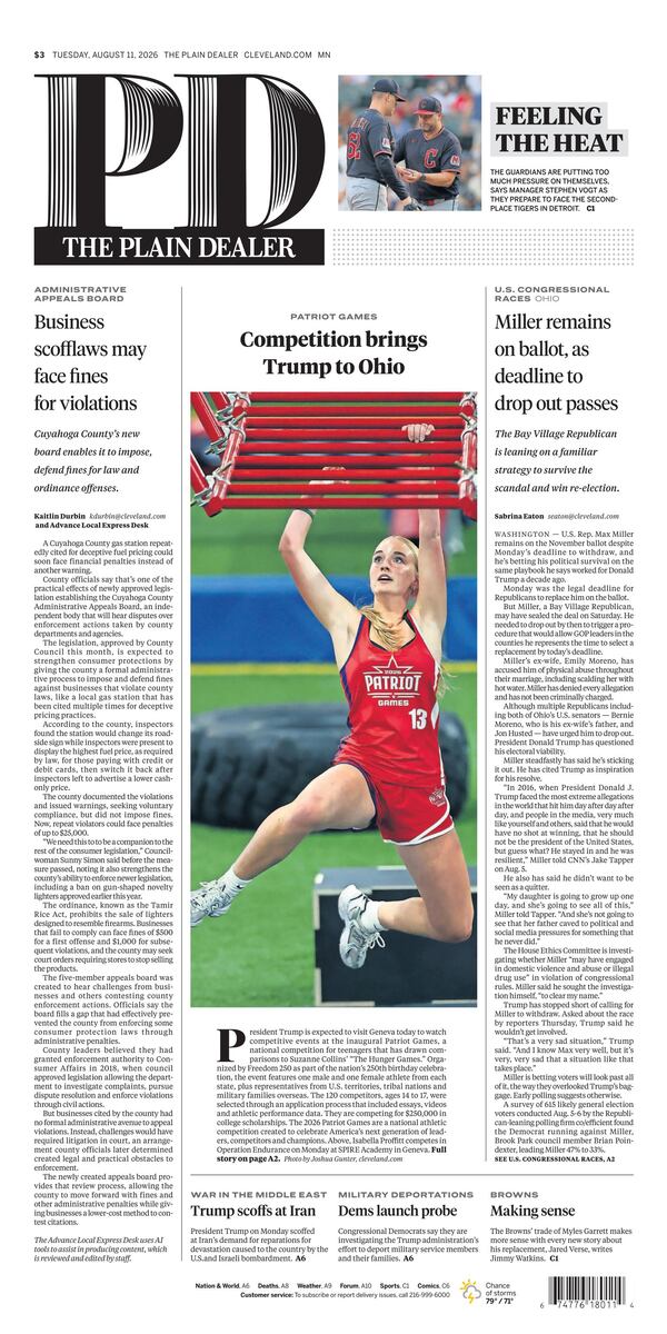 The Plain Dealer’s front page for August 11, 2026