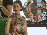 Lily Collins cuts a chic figure in a patterned minidress as she joins Ashley Park to film the final season of Emily In Paris