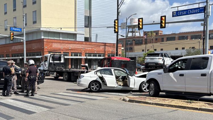 Driver in stolen car being chased by DPS trooper causes four-vehicle accident downtown, officials say